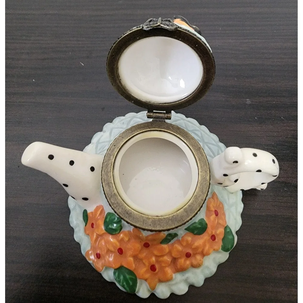 Teapot Butterfly Trinket Box Blue Porcelain Hinged Ring Pill treasure